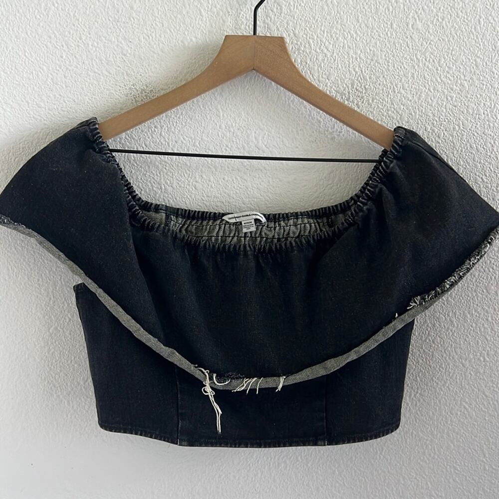 American Eagle Black Denim Statement Collar Neck Crop Top Blouse Medium